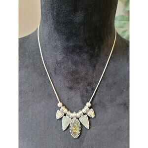 Womens Boho Pendant Necklace Silver Tone Green Stone Tribal Style Beaded Design